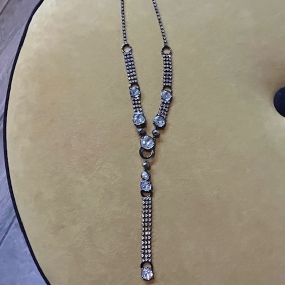 Chico's Art Deco Gunmetal Crystal Rhinestone Statement Y-Necklace Bling NYE - Picture 2 of 9